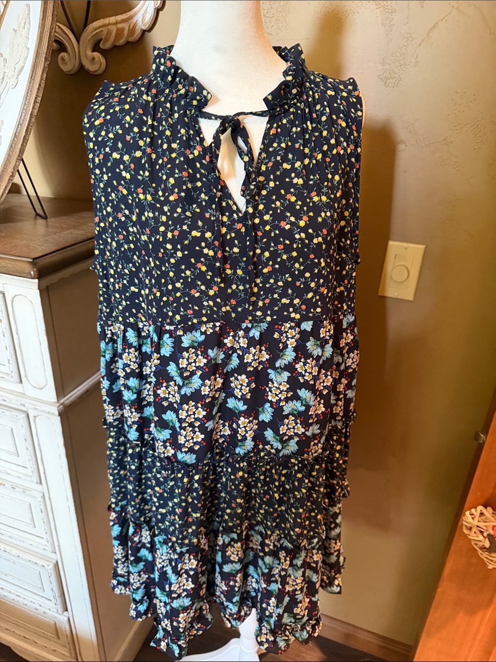 Umgee Navy Mixed Floral Tiered Mini Dress with Tie Neck